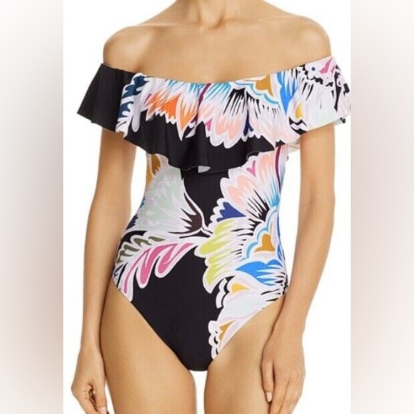 Trina Turk Off Shoulder Ruffle One Piece Swimsuit - Seychelles Multicolor - Picture 1 of 9